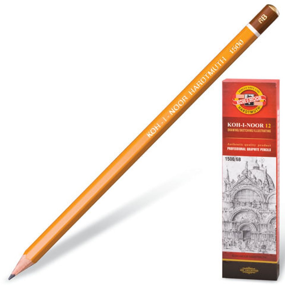 Карандаш чернографит. KOH-I-NOOR 1500 6В заточенный шестигранный