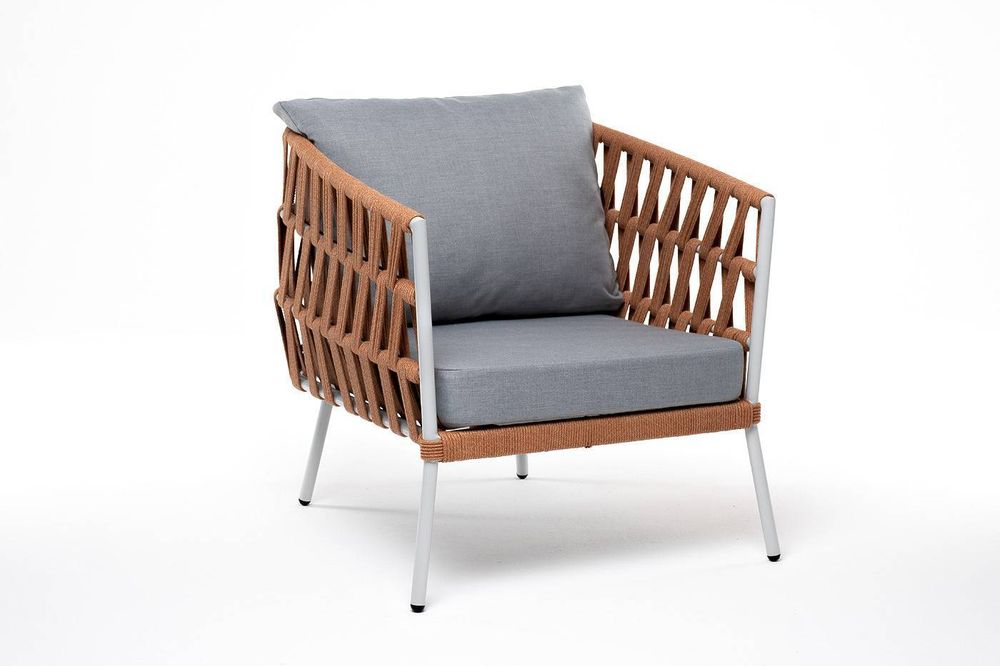 "Диего" кресло плетеное из роупа, каркас алюминий светло-серый (RAL7035) муар, роуп оранжевый меланж круглый, ткань светло-серая