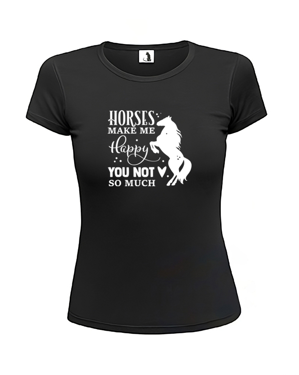 Футболка Horses make me happy женская приталенная черная с белым рисунком