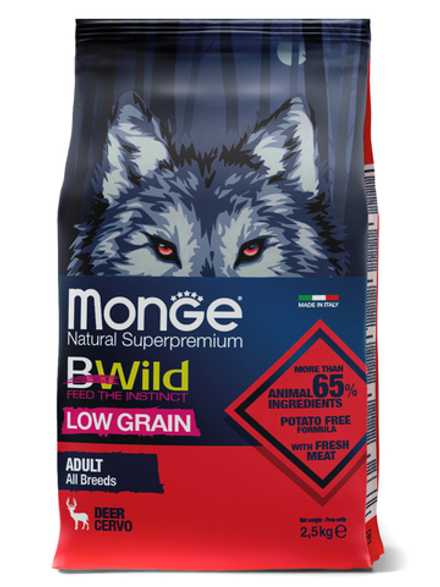 Сухой корм Monge Dog BWild LOW GRAIN, для взрослых собак, низкозерновой, из мяса оленя 2,5 кг