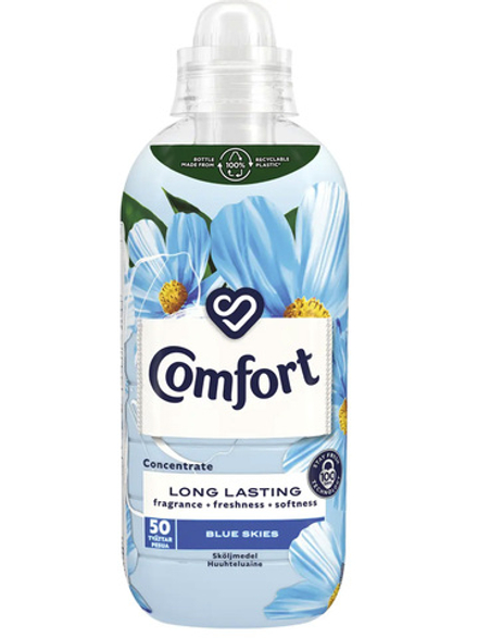 Кондиционер для белья Comfort Blue Skies 762 мл., имеет верхнюю ноту зеленого яблока и среднюю ноту розы и сандалового дерева, 50 стирок