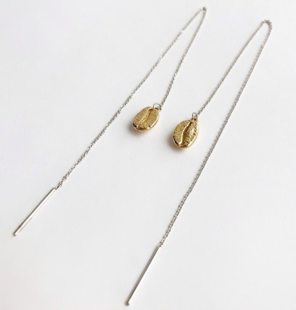 Серьги-протяжки с кофейным зерном, позолота