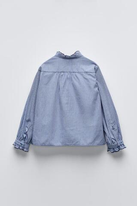 ZARA РУБАШКА В КЛЕТКУ ВИШИ С РЮШАМИ, СИНИЙ