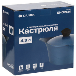 Кастрюля алюминий, антиприг, 4.3 л, с крыш, Daniks, Shoven, KI-T2024-2965C, индукц