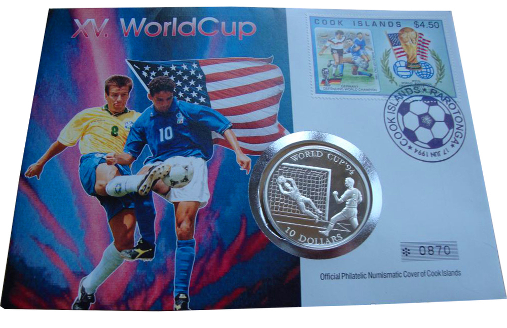 10 долларов Футбол Чемпионат мира 1994 г. США. О-ва Кука. 1992 г. Proof