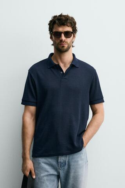 ZARA ЖАККАРДОВОЕ ПОЛО КЛАССИЧЕСКОГО КРОЯ В ПОЛОСКУ, МОРСКОЙ СИНИЙ
