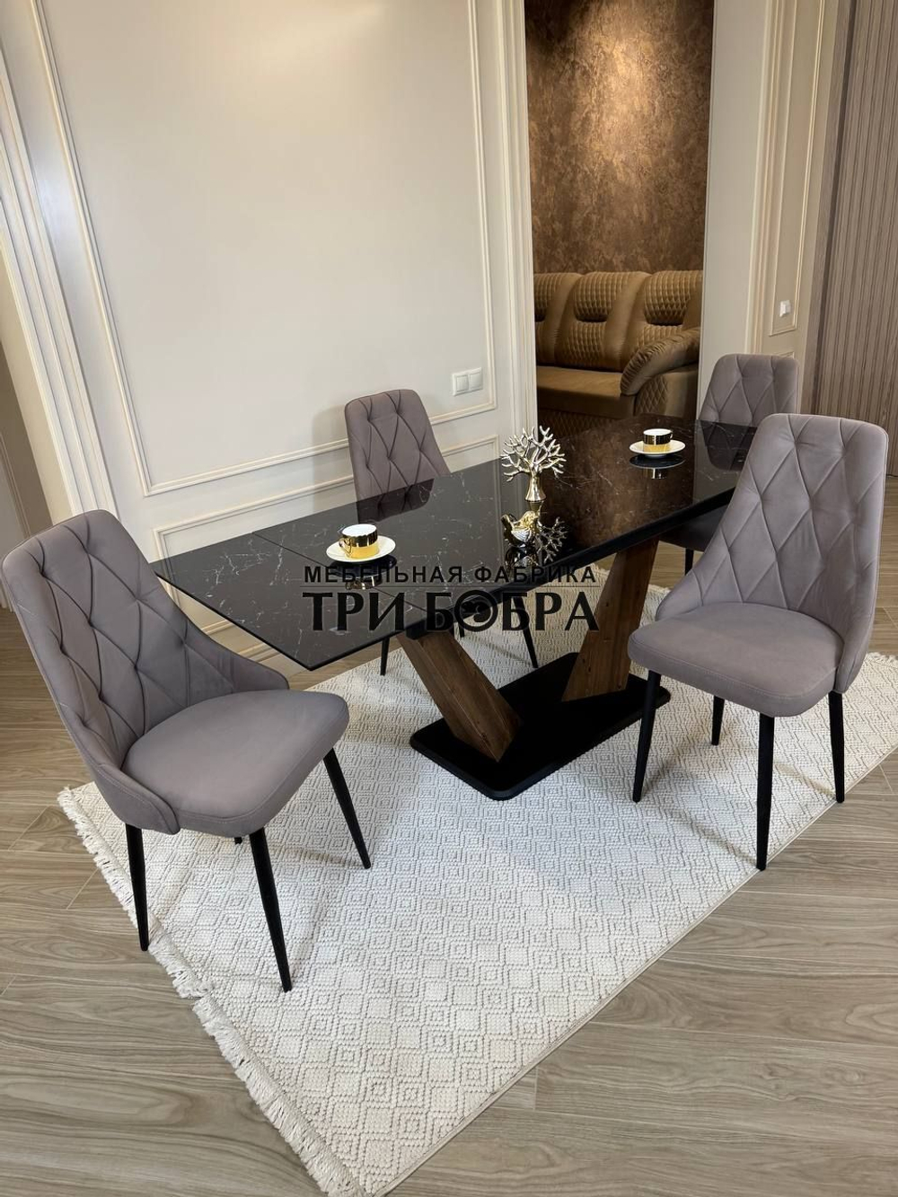 Кухонный раскладной стол "Вирджиния" , черный мрамор и 4 стула ЛОНДОН