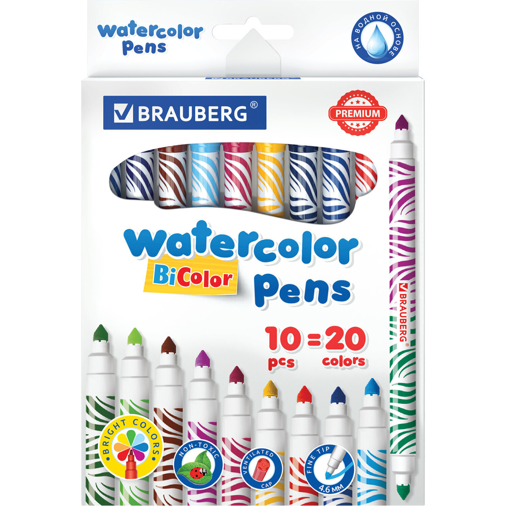 Фломастеры двусторонние утолщенные BRAUBERG "PREMIUM" "BI-COLOR" 10 шт. 20 цветов двухцветные вентилируемый колпачок (3 штуки в упаковке)