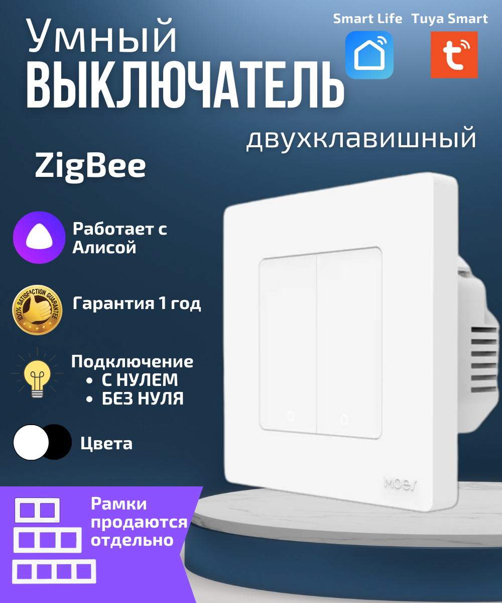 Двухместная рамка для умного выключателя 2-постовая Moes