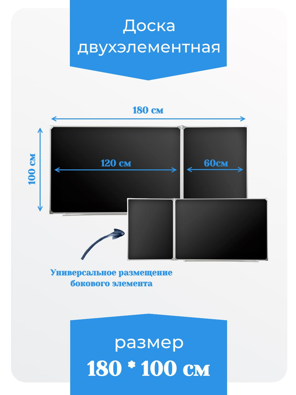 Двухэлементная(П) магнитная полимерная школьная доска 1800х1000 чёрная