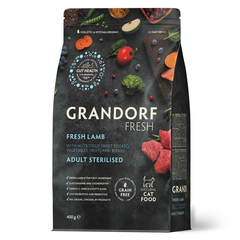 Беззерновой корм с живыми пробиотиками GRANDORF Fresh Cat STERILISED Lamb&amp;Sweet Potato Свежее мясо ягненка с бататом для стерилизованных кошек 400 г