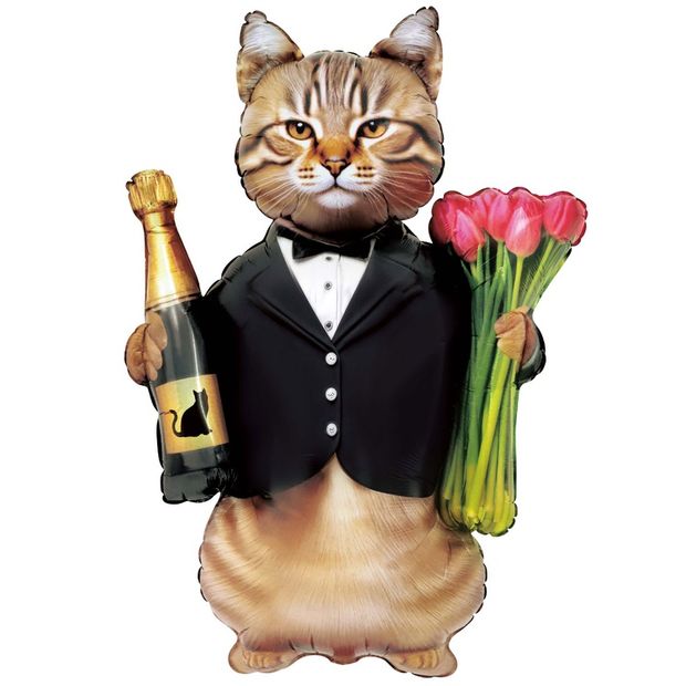 Шар-фигура, фольга, "Кот с тюльпанами и шампанским" (Веселая Затея), 46"/117 см, инд. уп. (БГ-60)