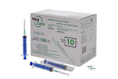 Шприц одноразовый 10 мл 3-х компонентный MedCare с иглой 21G 0,80х40 мм, 100 шт.