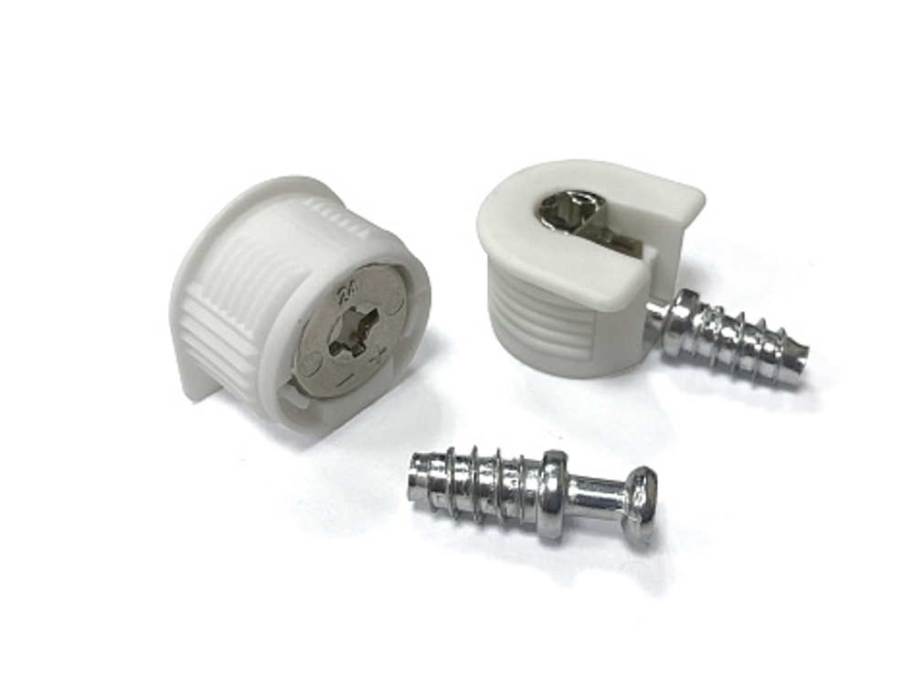 Стяжка-полкодержатель эксцентриковая для плиты 16 мм, шток саморез, белый пластик