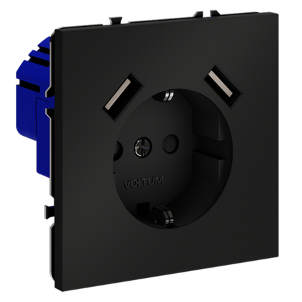 Розетка встраиваемая VOLTUM S70 с заземлением и защитными шторками, 16А, с USB, A+A, (черный матовый