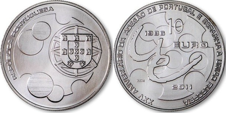 Португалия 10 евро, 2011 25 лет вступлению Португалии и Испании в Евросоюз