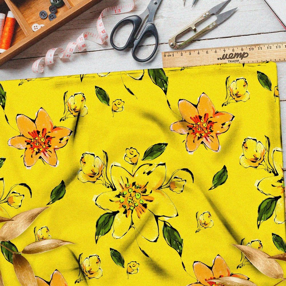 Ткань дюспо жёлтые оранжевые цветы