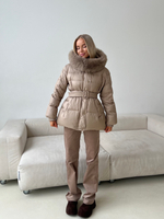 Пуховик Fresh миди с поясом песочный