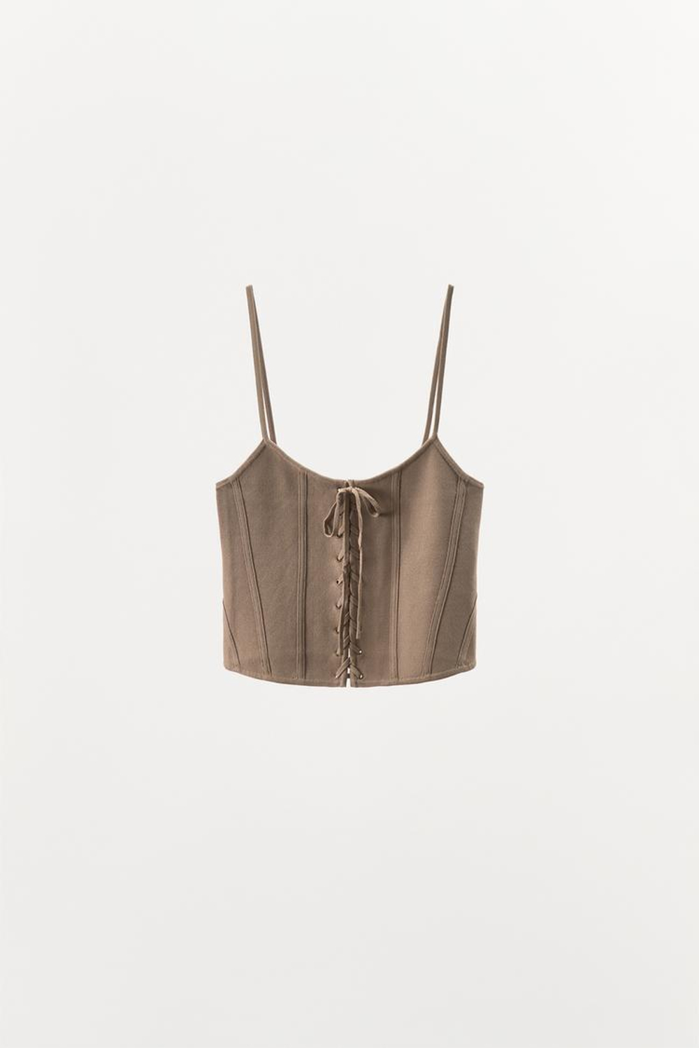 ZARA ТРИКОТАЖНЫЙ КОРСЕТ С ЗАВЯЗКАМИ, СЕРОВАТО-КОРИЧНЕВЫЙ