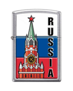 Легендарная классическая американская бензиновая широкая зажигалка ZIPPO Classic Street Chrome™ из латуни и стали с изображением Московского Кремля ZP-207 KREMLIN FLAG RUSSIA