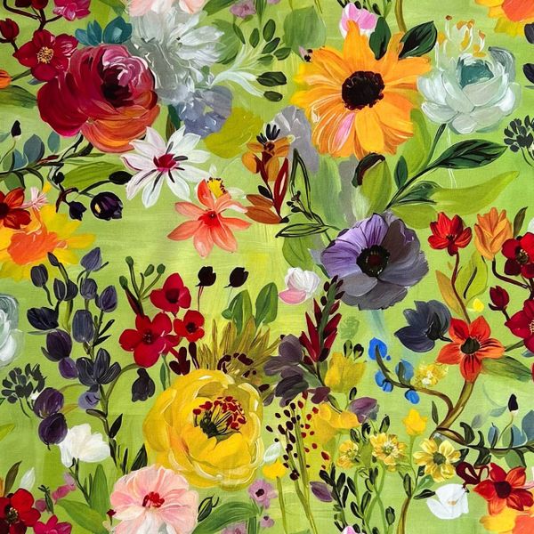 ЯРКИЕ АКВАРЕЛЬНЫЕ ЦВЕТЫ НА ЗЕЛЕНОМ - 100% ХЛОПОК 1