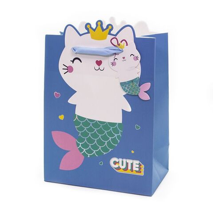 Пакет подарочный 3D, Котенок Русалочка, Голубой, Металлик, 32*26*12 см, 1 шт.