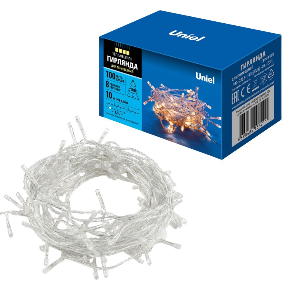 ULD-S1000-100/DTA WARM WHITE IP20 Гирлянда светодиодная, 10м. 100 светодиодов. Теплый белый свет. Провод прозрачный. ТМ Uniel
