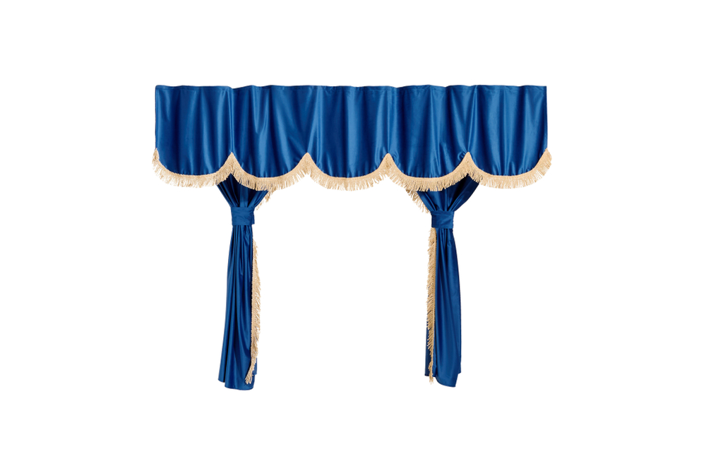 Шторы спального места с ламбрекеном и прихватами в кабину Volvo, Scania, MAN, DAF, Merc, Камаз, Sitrak, Shacman, Foton, FAW. Высота 1,5м, ширина одной стороны - 1,15м. Блэкаут, велюр. Синий цвет с бежевой бахромой