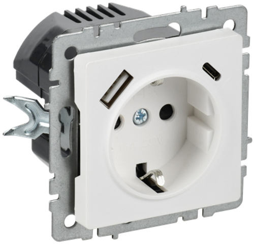 BRITE Розетка 1-местная с заземлением с защитными шторками 16А с USB A+C 18Вт РЮш11-1-БрАБ арктический белый IEK