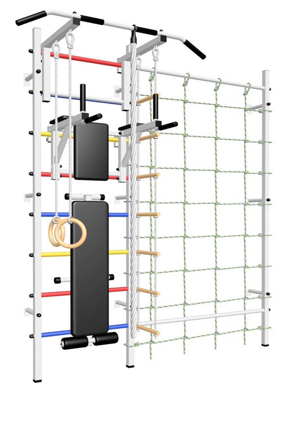 Шведская стенка Sv Sport усиленная 611 (Турник стандарт/Брусья/Скамья/Канат/Kольца/Лестница/Канатный лаз/Сетка)