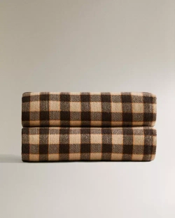 ZARA HOME ПЛЕД В КЛЕТКУ С БАХРОМОЙ, КОРИЧНЕВЫЙ