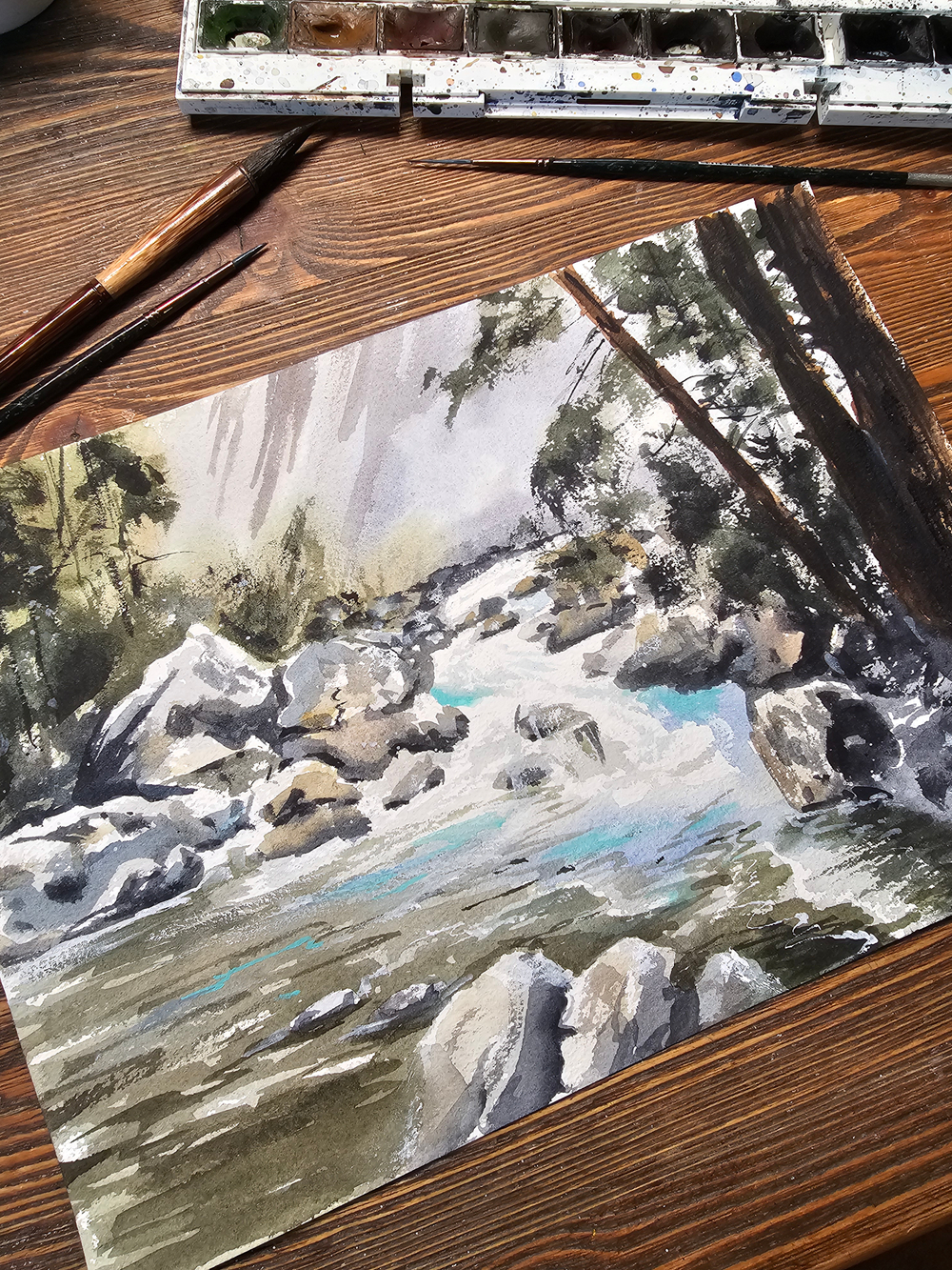 Картина авторская акварельная в паспарту 30х40 см на стену для интерьера "Пейзаж в стиле Фрэнк Эбера"