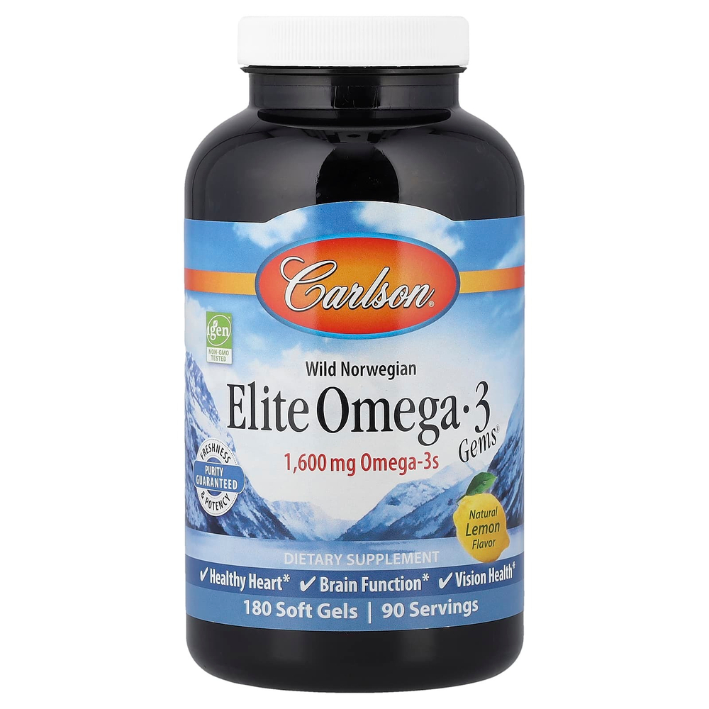Carlson, Elite Omega-3 Gems, отборные омега-3 кислоты из норвежской рыбы дикого улова, натуральный лимонный вкус, 1600 мг, 180 капсул (800 мг в 1 капсуле)