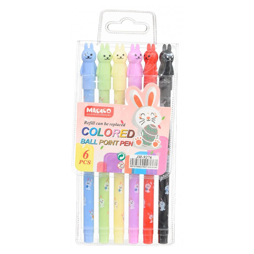 Ручка шариковая, масляная, Basir, цветные чернила, цветной корпус с фигуркой зайчика, набор 6 шт
