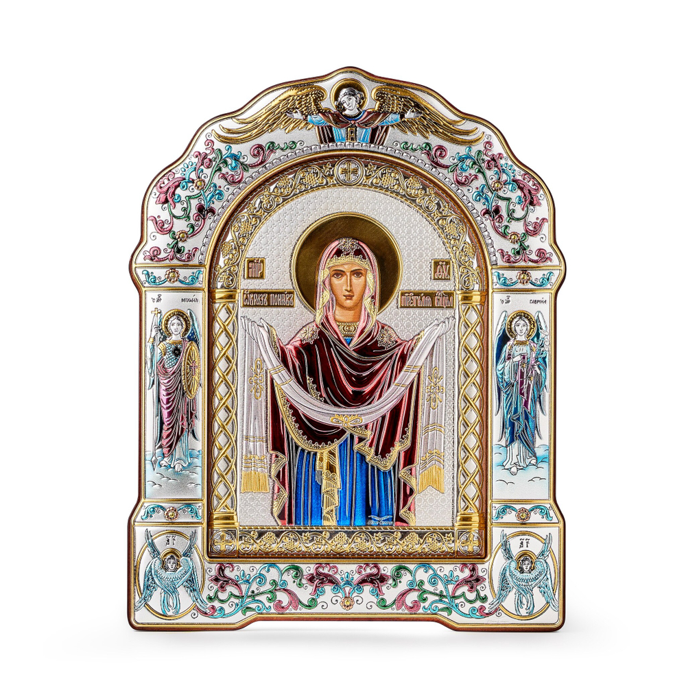 Покрова БМ, икона арочная с рамкой под стеклом, красное дерево, эмаль 167х228