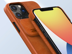 Коричневый чехол книжка для iPhone 13 Pro Max, от Nillkin серия Qin Pro Leather с защитной шторкой для камеры