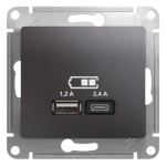GLOSSA USB РОЗЕТКА А+С, 5В/2,4А, 2х5В/1,2А, механизм, ГРАФИТ