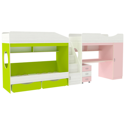 Трехъярусная кровать КарИВи Л-10.6 Белое Дерево Лайм Розовый