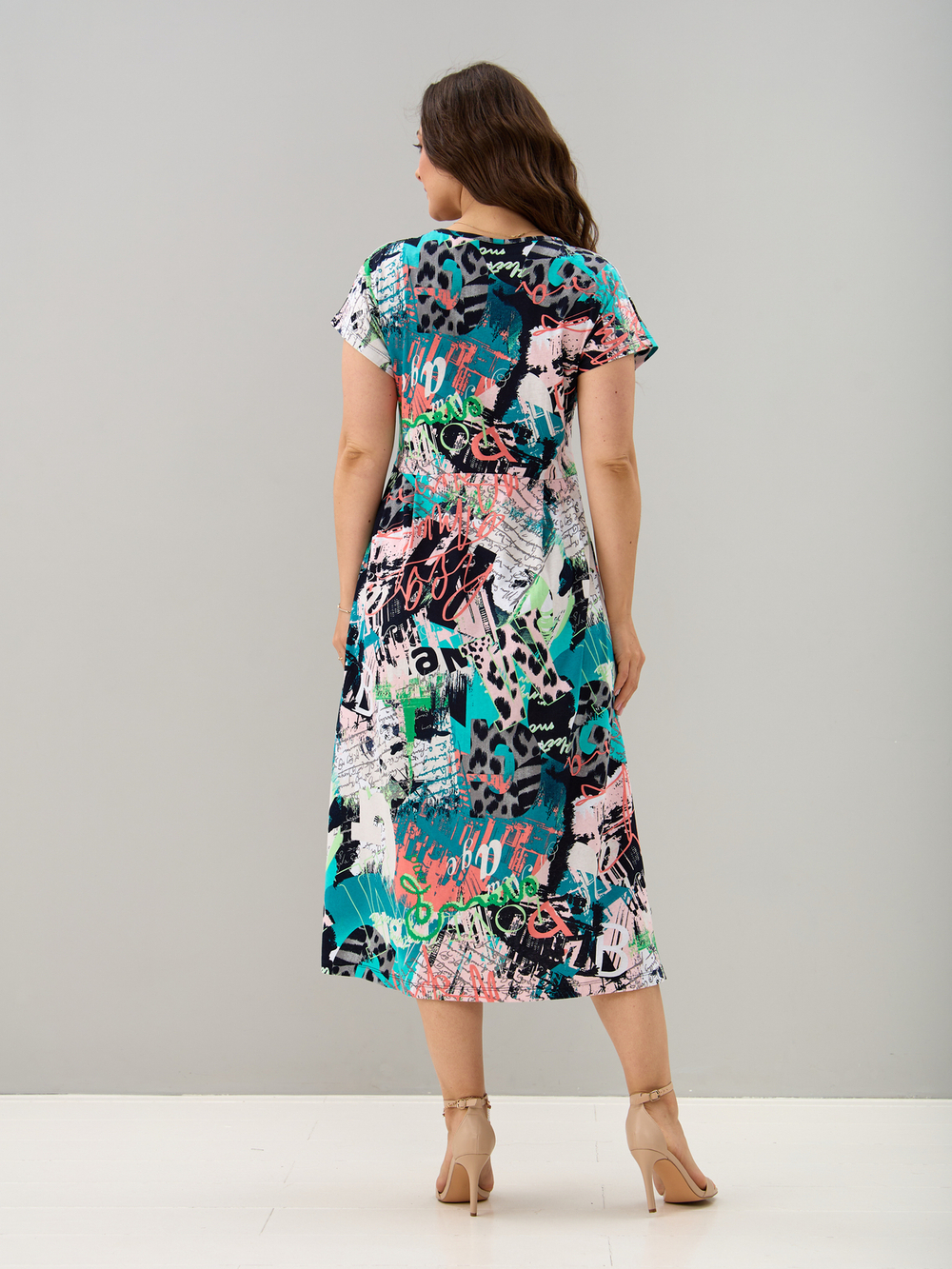 Платье П-026/бирюзаабстракция-надписи