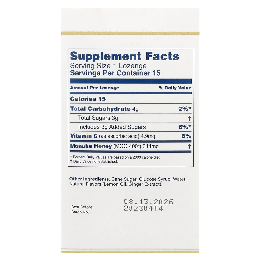 Manuka Health, Леденцы с медом Manuka, MGO 400+, имбирь и лимон, 15 леденцов