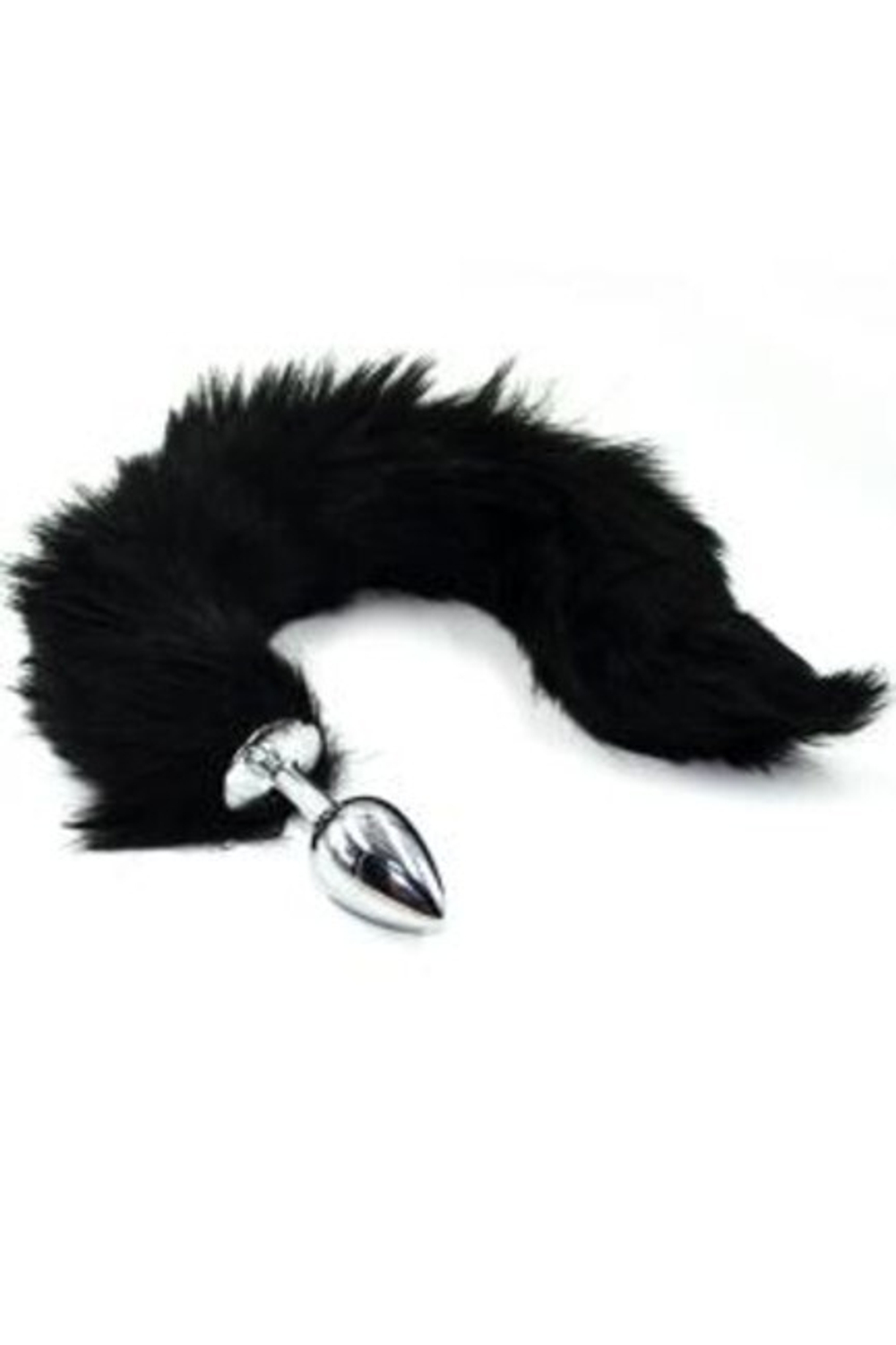 Серебряная анальная пробка из нержавеющей стали с черным гибким хвостом (Small) (Цвет: черный с серебряным)