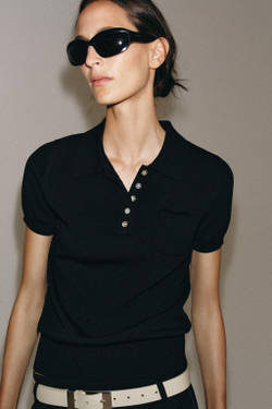 ZARA ТРИКОТАЖНОЕ ПОЛО С КОРОТКИМИ РУКАВАМИ, ЧЕРНЫЙ