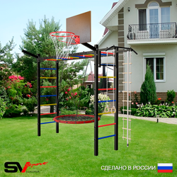Уличная шведская стенка Sv Sport рукоход У5221К (Турник/Гнездо 80см/Щит баскет/Кронш бокс/Канат/кольца/лестница)