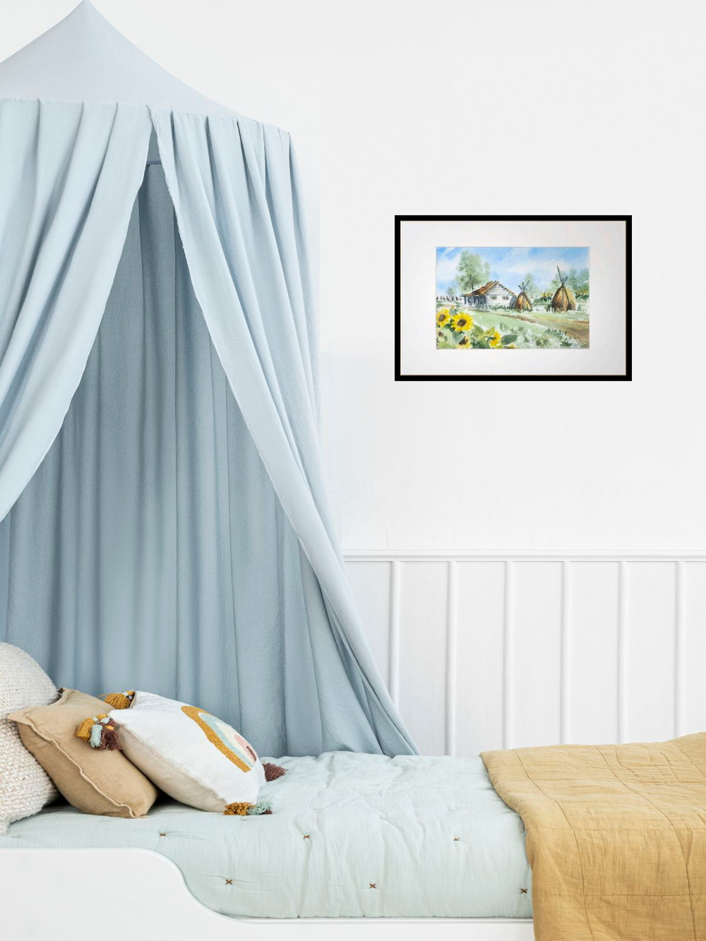 Картина авторская акварельная в паспарту 21х30 см на стену для интерьера "Сельская идиллия"