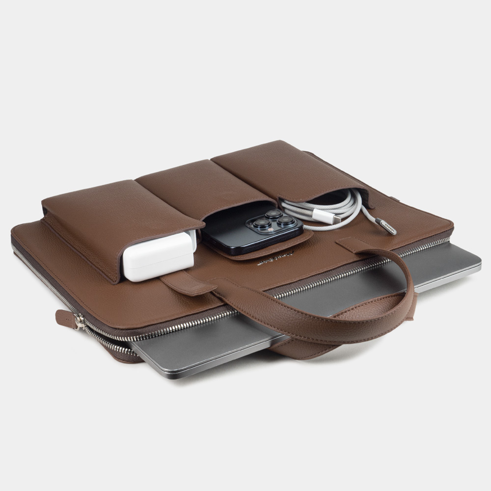 Сумка для MacBook Pro 13 - 14 с карманами из кожи теленка, цвета шоколад