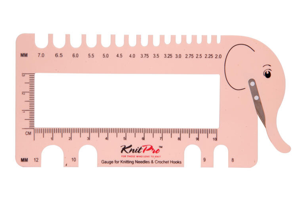 Линейка "Слон" для измерения размера спиц и плотности вязания с резаком для нити (розовый)