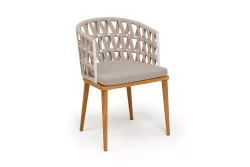 "Диего" стул плетеный из роупа, основание дуб каркас из стали белый муар, роуп бежевый круглый, ткань бежевая 052