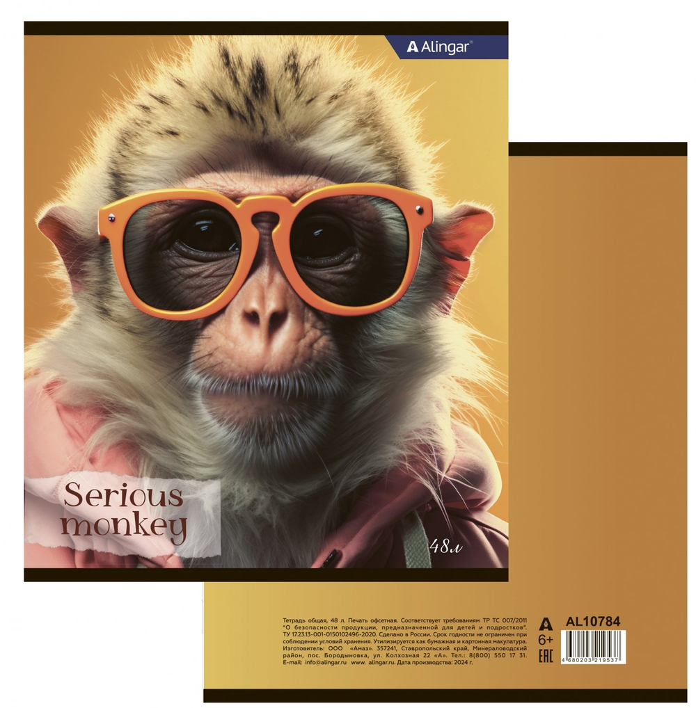 Тетрадь 48л., А5, клетка, Alingar "Funny monkey", скрепка, мелованный картон (стандарт), блок офсет, 4 дизайна в пленке т/у