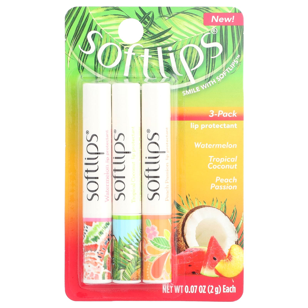Softlips, Средство для губ, арбуз, тропический кокос, персиковая страсть, 3 пакетика по 2 г (0,07 унции)