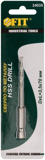Сверло hss по металлу, u-хвостовик под биту, 3,5 х 70 мм, FIT, 34035
